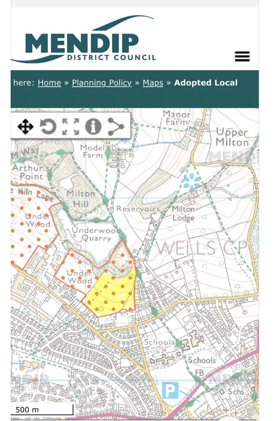 Mendip District Council adopted local plan map showing the site outside the development limit